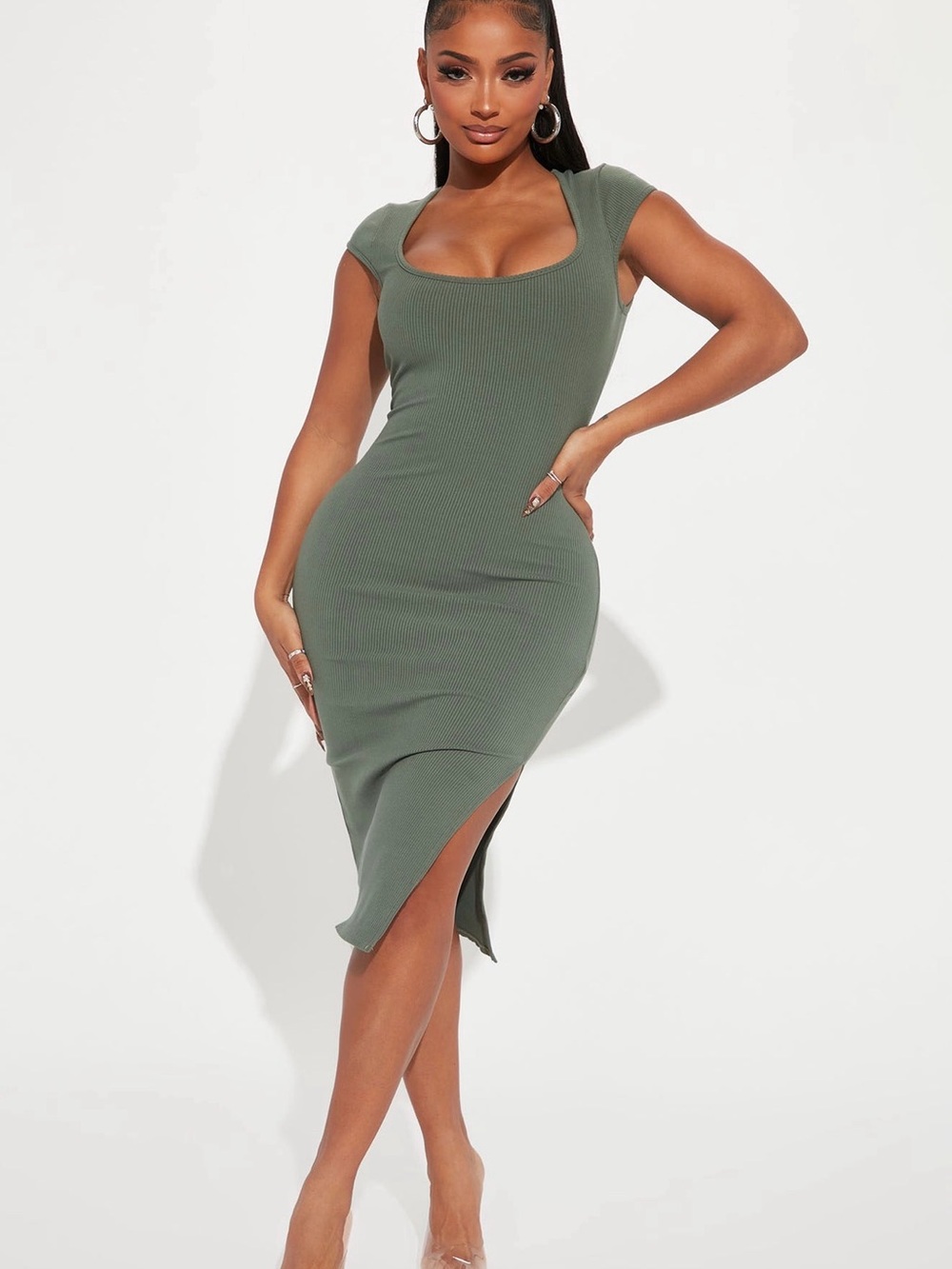 Fashion Nova Olive Green Ribbed Midi Dress with Side Slit